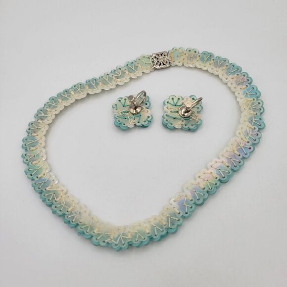 Vintage 1950s Aqua Sequin Necklace & Earrings Set - Picture 8 of 15